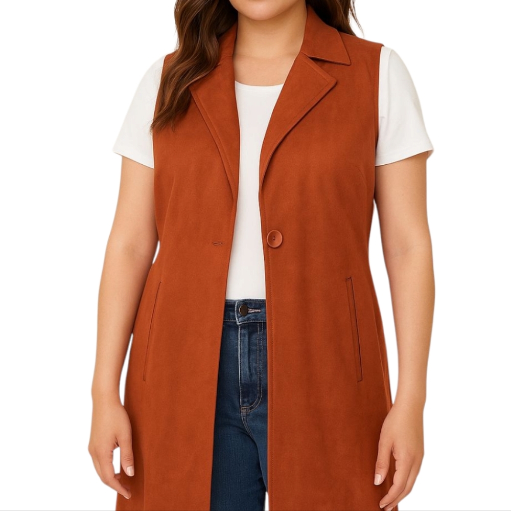 Anthropologie Solitaire Rust Colored Long Faux Suede Vest Large